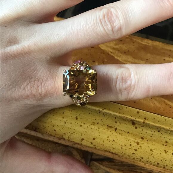 Natural Citrine Tourmaline Sterling Silver Cocktail Ring Size 9 - Picture 2 of 10
